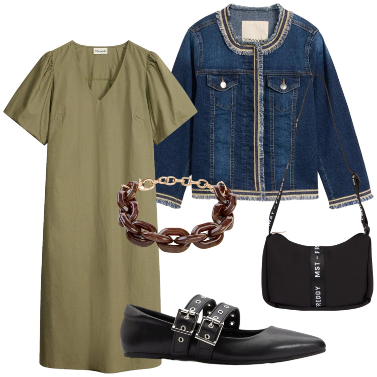 Outfit donna - Total look #2395732. Stile Urban per Tutti i giorni. Abbinamento con blazer, vestiti midi/longuette, ballerine, braccialetti, borse a tracolla.