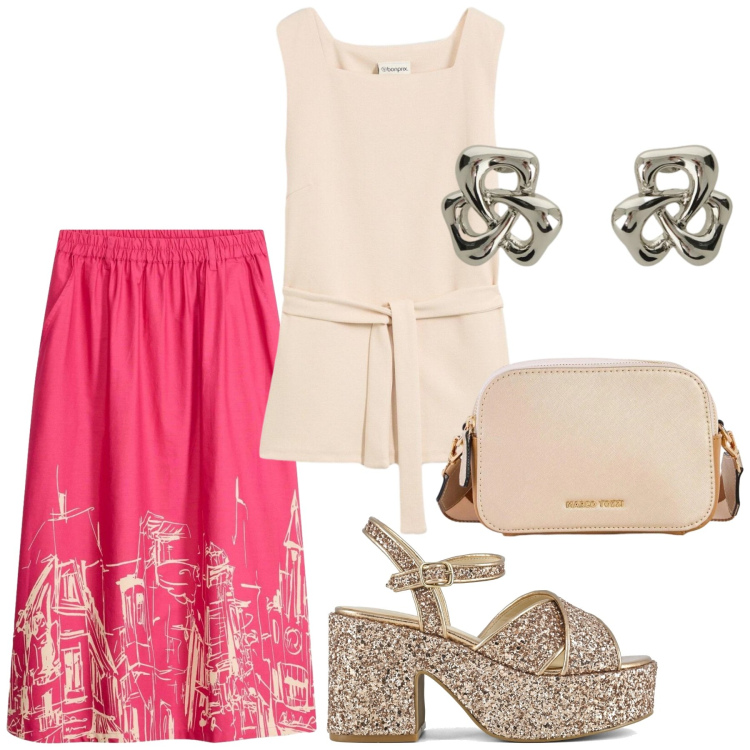 Outfit donna - Total look #2395733. Stile Glamour per Serata fuori. Abbinamento con top, gonne longuette, borse a tracolla, orecchini, sandali.