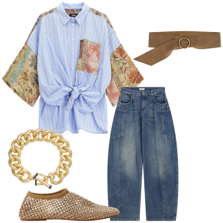 Outfit donna - Total look #2395734. Stile Glamour per Tutti i giorni. Abbinamento con camicie, cinture, jeans, ballerine, braccialetti.