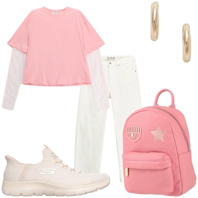 Outfit donna - Rosa e bianco. Stile Sporty chic per Tutti i giorni. Abbinamento con zaini, pantaloni, t-shirt, orecchini, sneakers.