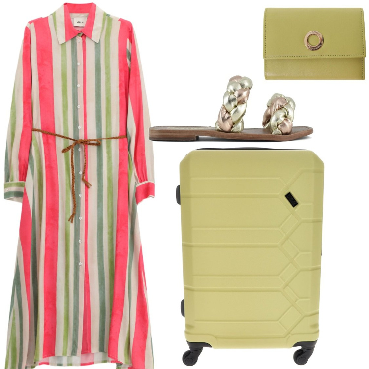 Outfit donna - Partenze. Stile Chic per Tutti i giorni. Abbinamento con portafogli, vestiti lunghi, ciabatte, valigie.