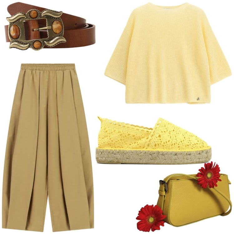 Outfit donna - Sabbia & Limone. Stile Casual chic per Tutti i giorni. Abbinamento con pantaloni a palazzo, borse a spalla, cinture, maglieria, espadrillas.