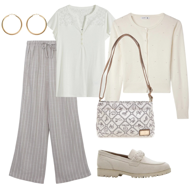 Outfit donna - Primavera soft. Stile Bon Ton per Ufficio. Abbinamento con maglieria, mocassini, pantaloni, cardigans, orecchini, borse a tracolla.