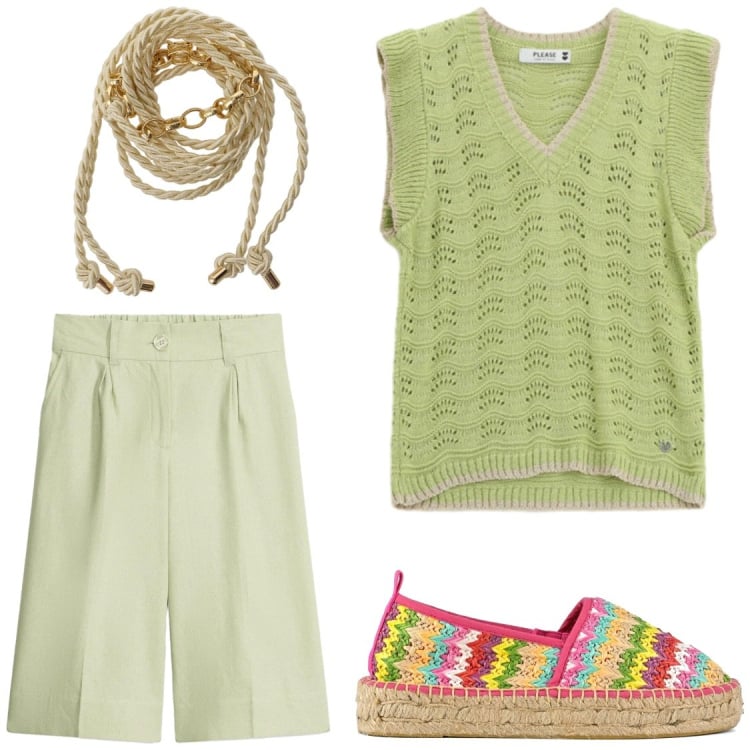 Outfit donna - Pastel Picnic Look. Stile Chic per Tutti i giorni. Abbinamento con bermuda, top, cinture, espadrillas.