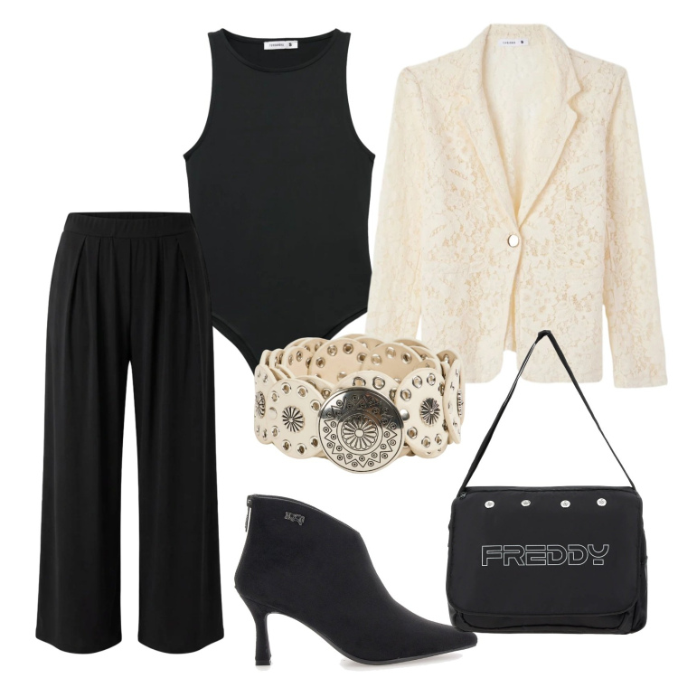 Outfit donna - Total look #2395747. Stile Casual chic per Ufficio. Abbinamento con top, blazer, pantaloni, cinture, borse messenger, stivaletti.