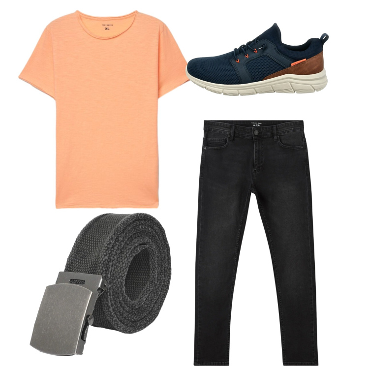 Outfit uomo - Total look. Stile Casual per Tutti i giorni. Abbinamento con jeans skinny, cinture, t-shirt, sneakers.