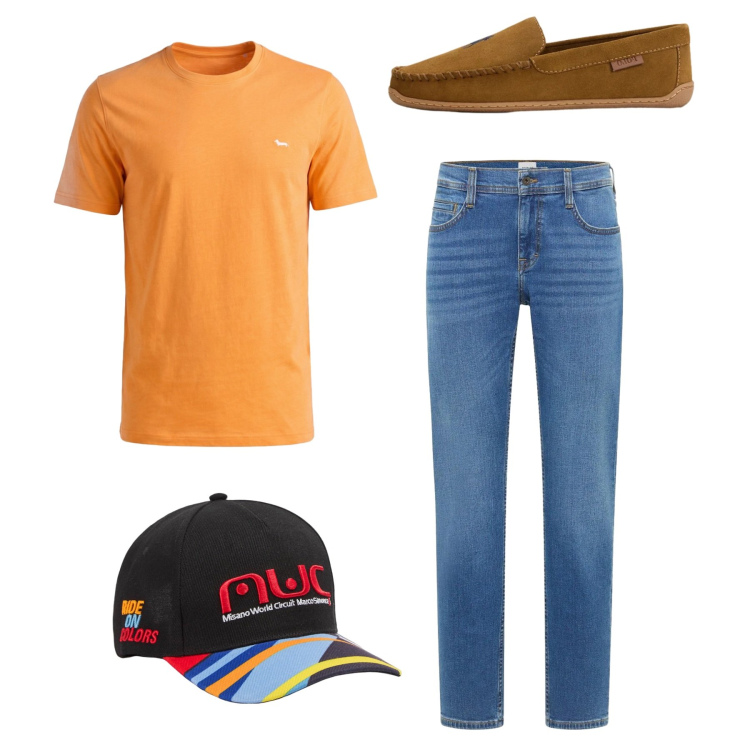 Outfit uomo - Total look. Stile Casual per Tutti i giorni. Abbinamento con jeans bootcut, cappelli, t-shirt, scarpe stringate.