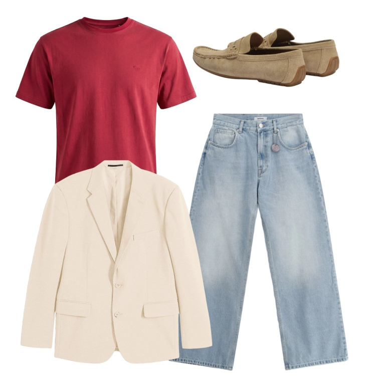 Outfit uomo - Total look. Stile Casual per Tutti i giorni. Abbinamento con giacche, jeans, t-shirt, scarpe stringate.