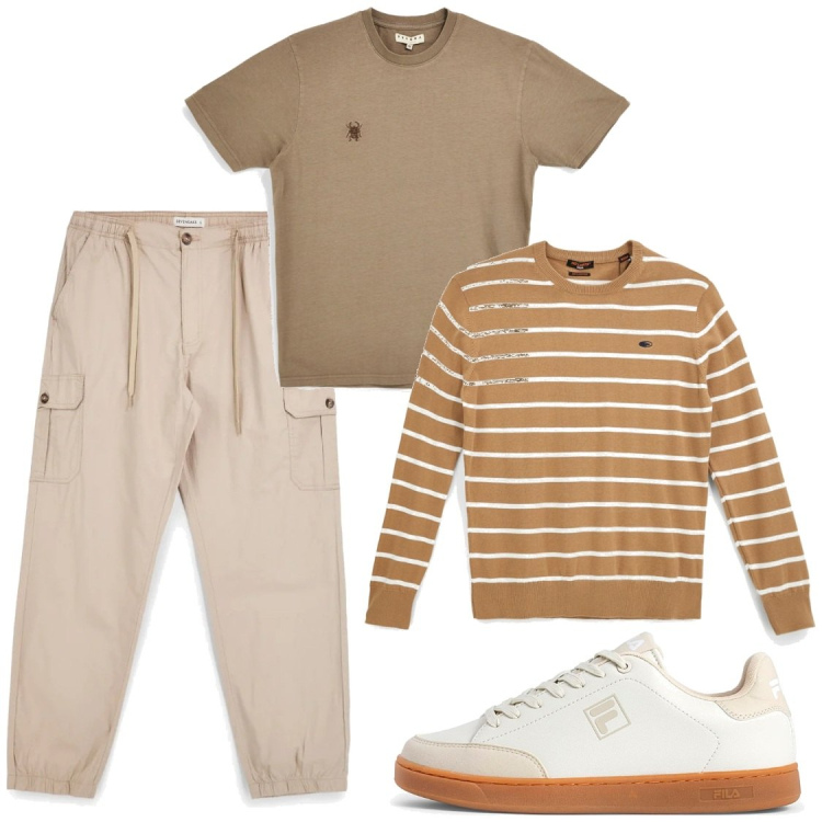 Outfit uomo - Weekend Casual Comfort. Stile Casual per Tutti i giorni. Abbinamento con sneakers, pantaloni cargo, pullovers, t-shirt.