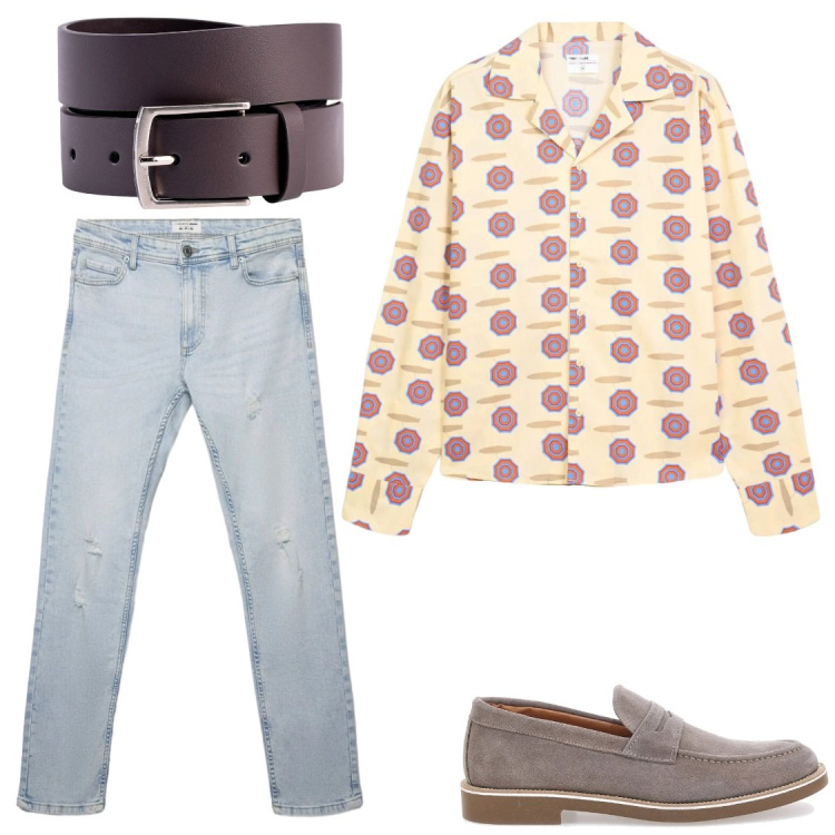 Outfit uomo - Vintage Geometric Vibe. Stile Trendy per Serata speciale. Abbinamento con camicie, jeans strappati, cinture, scarpe stringate.