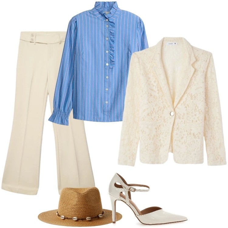 Outfit donna - Total look #2395765. Stile Boho per Cerimonia. Abbinamento con camicie, blazer, pantaloni, cappelli, décolleté.