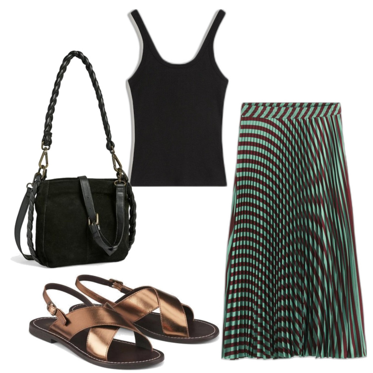 Outfit mujer - Urban style. Estilo Urban para Todos los días. Combinación con bandoleras, sandalias de piel, faldas largas, camiseta.