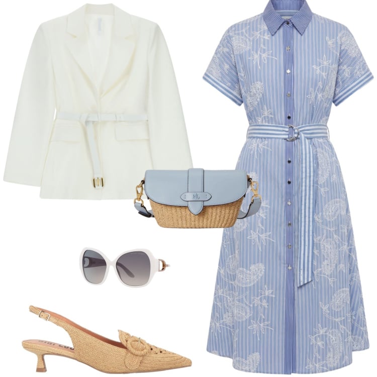 Outfit donna - Casual chic ufficio tempo libero. Stile Casual chic per Tutti i giorni. Abbinamento con décolleté, vestiti chemisier, blazer, borse a spalla, occhiali da sole.