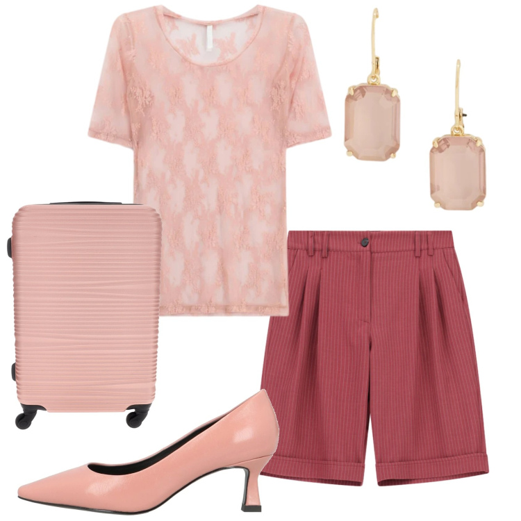 Outfit donna - Total look #2395773. Stile Basic per Tutti i giorni. Abbinamento con décolleté, bermuda, t-shirt, orecchini, valigie.