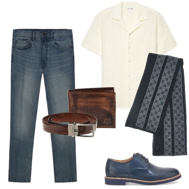 Outfit uomo - Total look #2395774. Stile Casual per Tutti i giorni. Abbinamento con camicie a manica corta, jeans, scarpe stringate, sciarpe, cinture, portafogli.