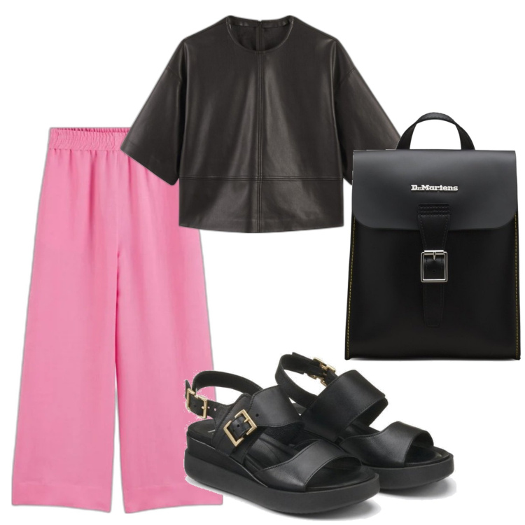 Outfit mujer - Urban look. Estilo Urban para Todos los días. Combinación con mochilas, sandalias de piel, blusas, pantalones palazzo.