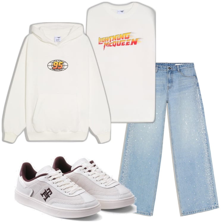 Outfit mujer - Casual look. Estilo Casual para Todos los días. Combinación con sneakers, vaqueros rectos, camiseta, sudaderas con capucha.