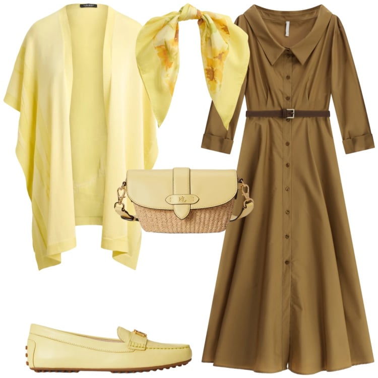 Outfit donna - Casual chic ufficio tempo libero. Stile Casual chic per Tutti i giorni. Abbinamento con vestiti chemisier, foulard, mocassini, borse a tracolla, cappe.