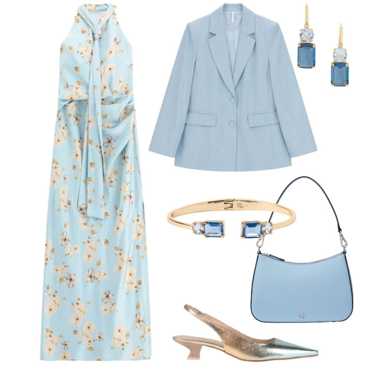 Outfit donna - Silhouette fluide e leggere - Curvy. Stile Chic per Cerimonia. Abbinamento con décolleté, blazer, vestiti lunghi, borse a spalla, orecchini, braccialetti.