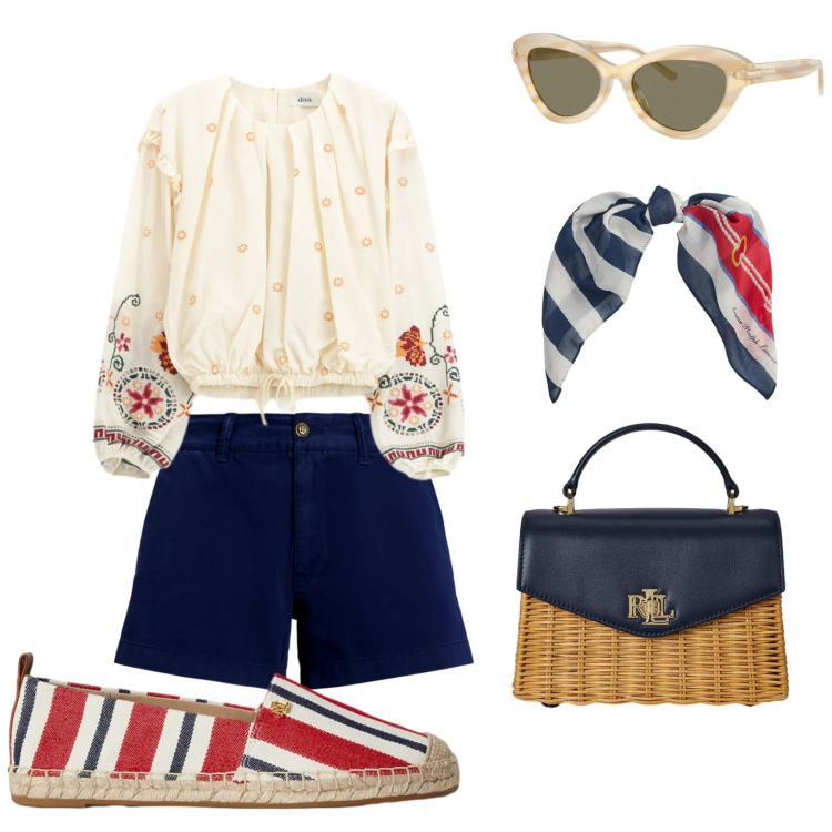 Outfit donna - Pomeriggio in barca. Stile Boho per Mare. Abbinamento con bluse, shorts, occhiali da sole, borse a mano, espadrillas, foulard.