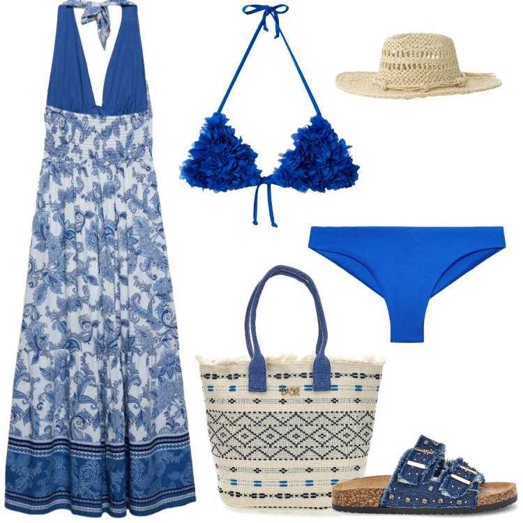 Outfit donna - Mare#vacanze. Stile Chic per Mare. Abbinamento con bikini, vestiti lunghi, bikini, cappelli, ciabatte, borse a mano.