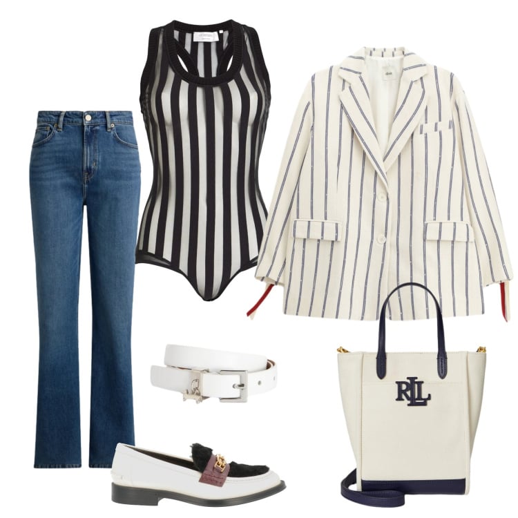 Outfit donna - Total look #2395807. Stile Casual chic per Ufficio. Abbinamento con mocassini, body, cinture, blazer, borse tote, jeans dritti.
