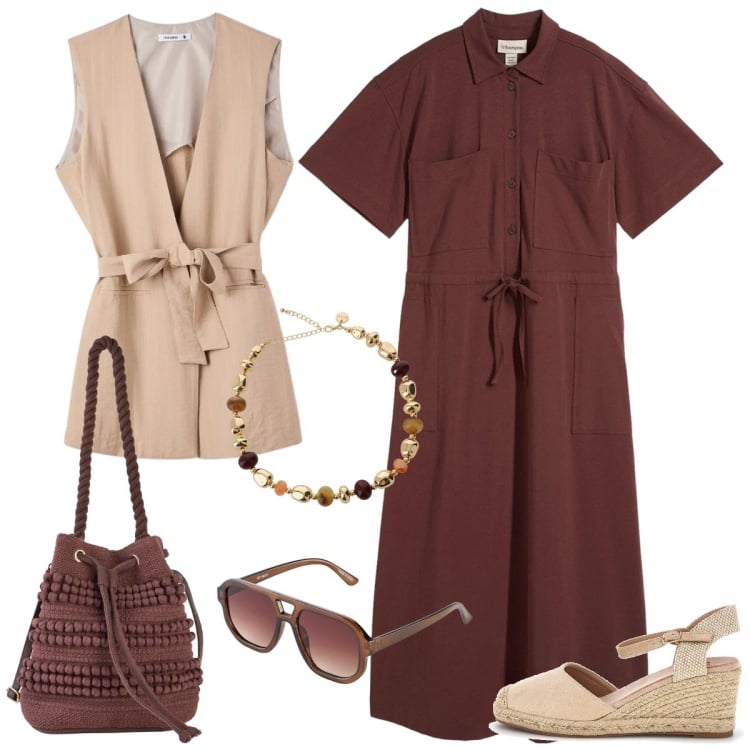 Outfit donna - Tempo libero. Stile Boho per Tutti i giorni. Abbinamento con vestiti, occhiali da sole, borse a secchiello, gilet, collane, zeppe.