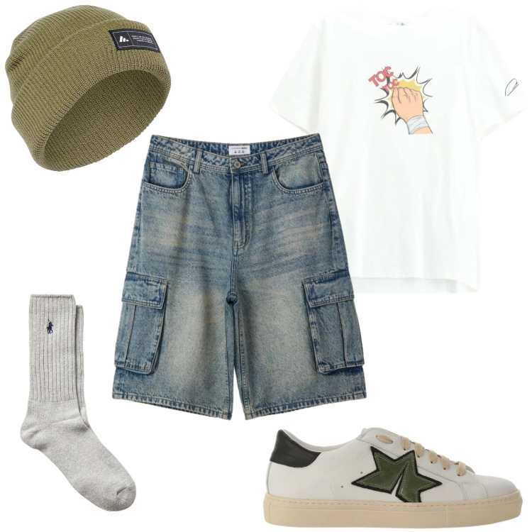 Outfit uomo - Skater boy. Stile Urban per Sport. Abbinamento con pantaloni corti, sneakers, t-shirt, calzini, berretti.