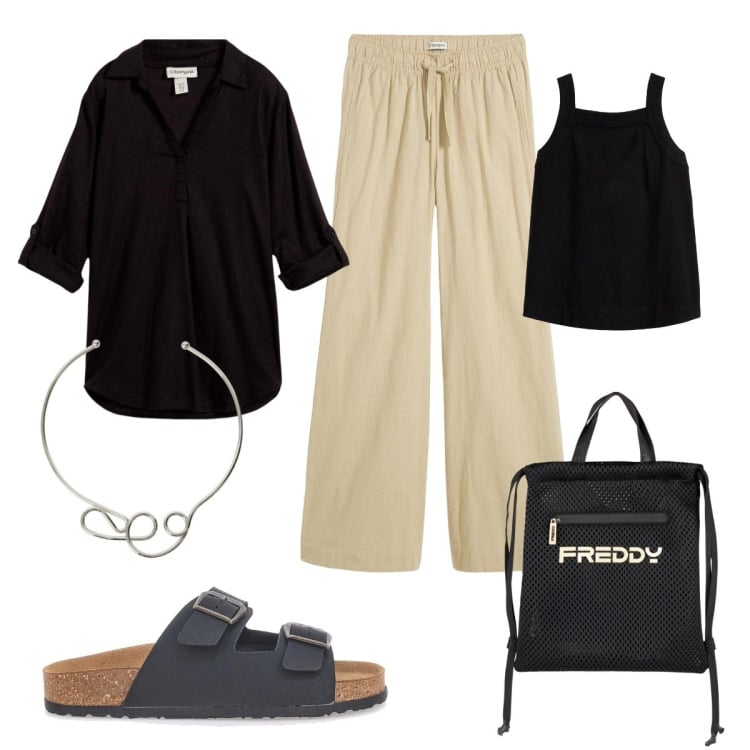 Outfit donna - Lunedì. Stile Casual per Tutti i giorni. Abbinamento con bluse, pantaloni a palazzo, bluse, collane, zaini, ciabatte.