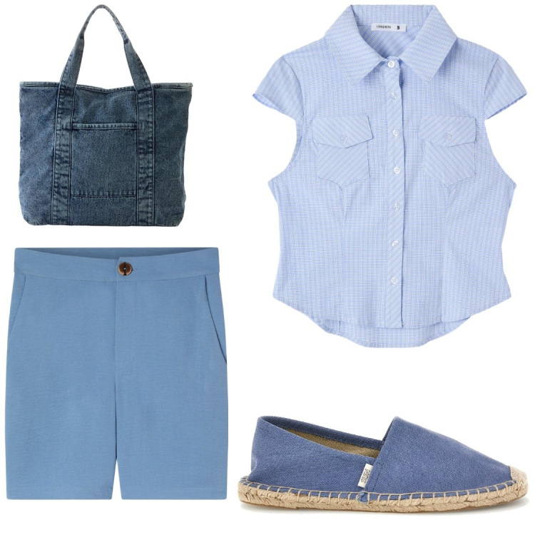 Outfit donna - Primi giorni estivi#giuste temperature. Stile Chic per Tutti i giorni. Abbinamento con shopping bag, camicie a manica corta, bermuda, espadrillas.