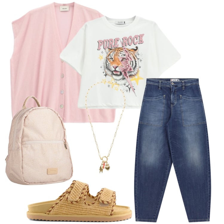 Outfit donna - Urban Pastel Rock. Stile Casual chic per Tutti i giorni. Abbinamento con zaini, t-shirt, jeans, gilet, ciondoli, sandali.