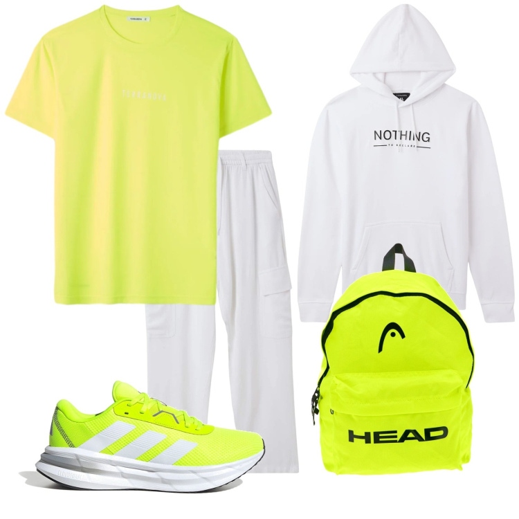 Outfit uomo - Fluo. Stile Urban per Tutti i giorni. Abbinamento con felpe con cappuccio, pantaloni cargo, t-shirt sportive, scarpe sportive, borse sportive.