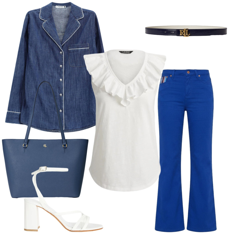 Outfit donna - Denim Chic. Stile Casual chic per Tutti i giorni. Abbinamento con sandali in pelle, pantaloni, camicie, borse tote, cinture, top.