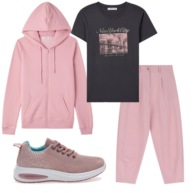 Outfit donna - Total look #2395824. Stile Casual per Tutti i giorni. Abbinamento con felpe con cappuccio, t-shirt, pantaloni, sneakers.