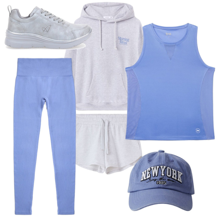 Outfit donna - Grigio e pervinca. Stile Casual per Sport. Abbinamento con leggings sportivo, shorts, felpe con cappuccio, top sportivi, cappelli, sneakers.