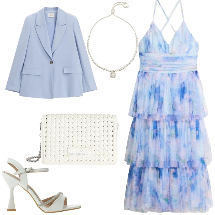 Outfit donna - Un abito elegante con un blazer Leggero. Stile Chic per Cerimonia. Abbinamento con vestiti midi/longuette, borse a tracolla, sandali gioiello, blazer, braccialetti.