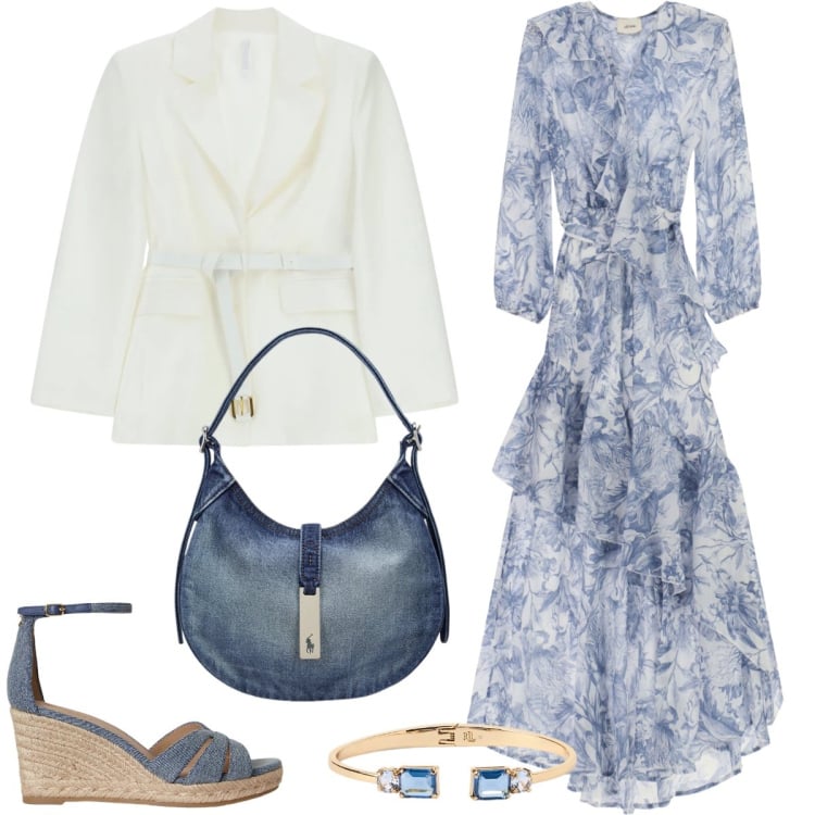 Outfit donna - Romantica con tocchi denim. Stile Romantica per Tutti i giorni. Abbinamento con blazer, vestiti lunghi, borse a spalla, zeppe, braccialetti.