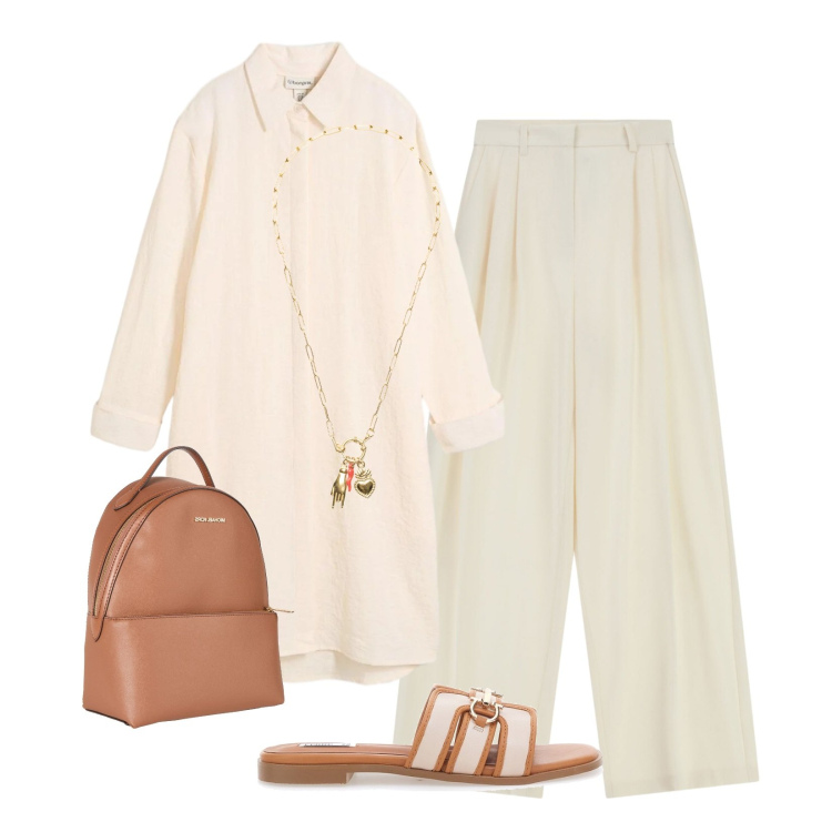 Outfit donna - Camicia lunga. Stile Minimal per Ufficio. Abbinamento con zaini, camicie, pantaloni a palazzo, ciondoli, ciabatte.