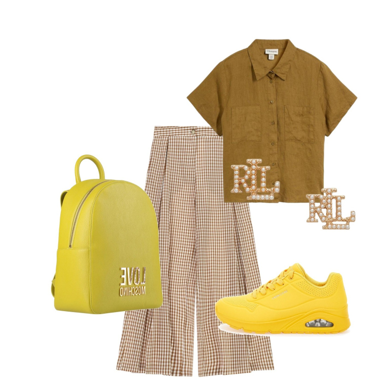 Outfit donna - Total look #2395831. Stile Casual chic per Tutti i giorni. Abbinamento con zaini, camicie a manica corta, pantaloni a palazzo, orecchini, sneakers.