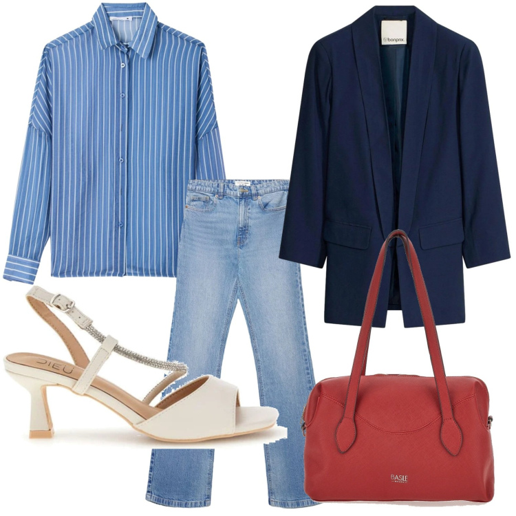 Outfit donna - Tocco raffinato. Stile Casual per Tutti i giorni. Abbinamento con blazer, camicie, jeans bootcut, borse a spalla, sandali col tacco.