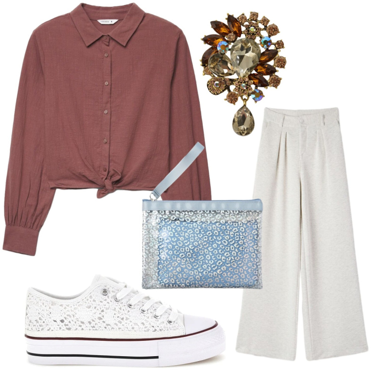 Outfit donna - Spilla con strass. Stile Casual per Tutti i giorni. Abbinamento con camicie, pochette, pantaloni, cappotti, sneakers.