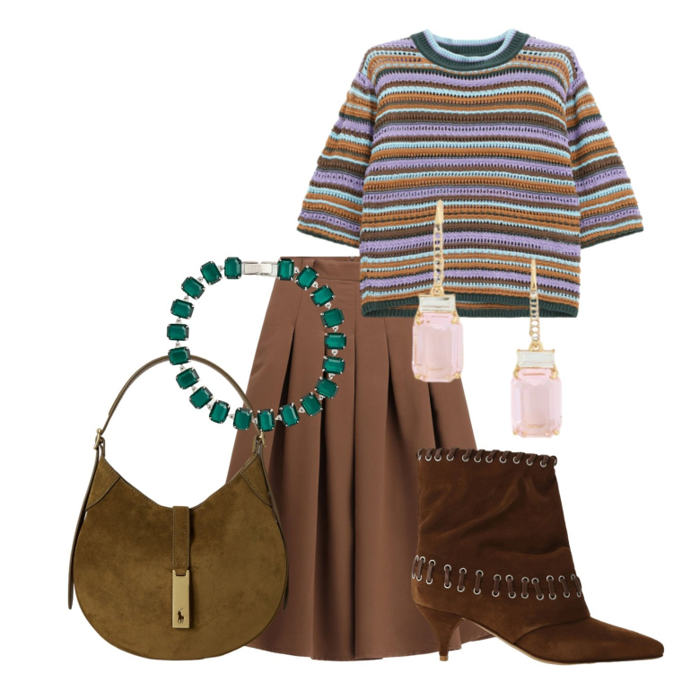 Outfit donna - Total look #2395838. Stile Casual chic per Scuola/Università. Abbinamento con maglieria, stivali, gonne longuette, borse a spalla, braccialetti, orecchini.