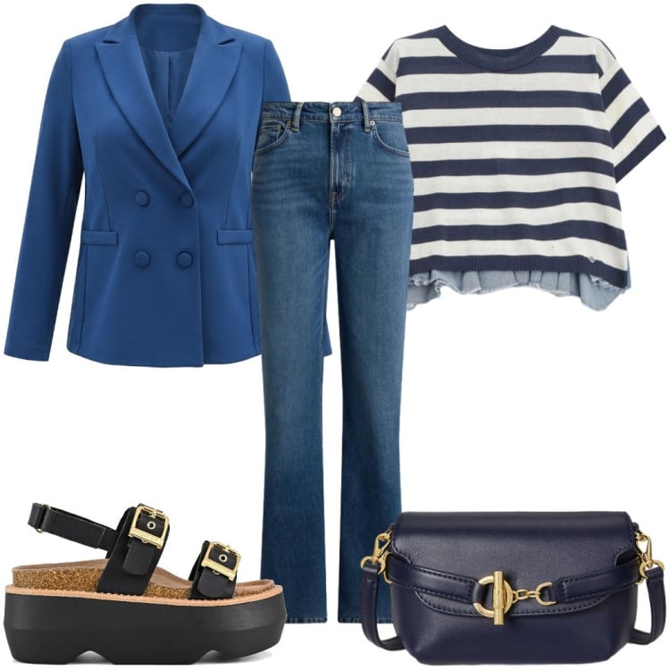 Outfit donna - Total look #2395840. Stile Casual per Tutti i giorni. Abbinamento con t-shirt, blazer, borse a tracolla, jeans dritti, sandali col tacco.