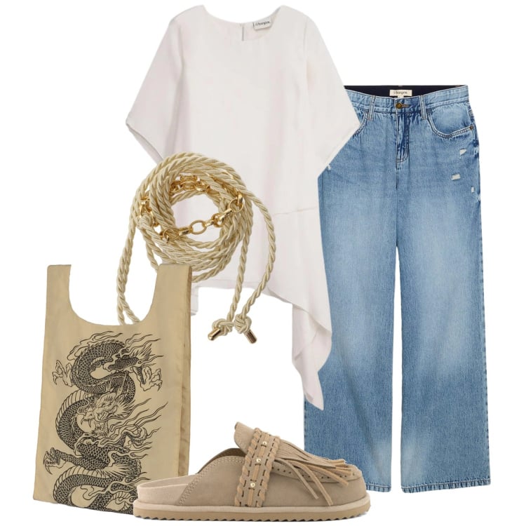 Outfit donna - Silhouette fluide e leggere. Stile Casual per Tutti i giorni. Abbinamento con bluse, jeans, cinture, shopping bag, sabot.