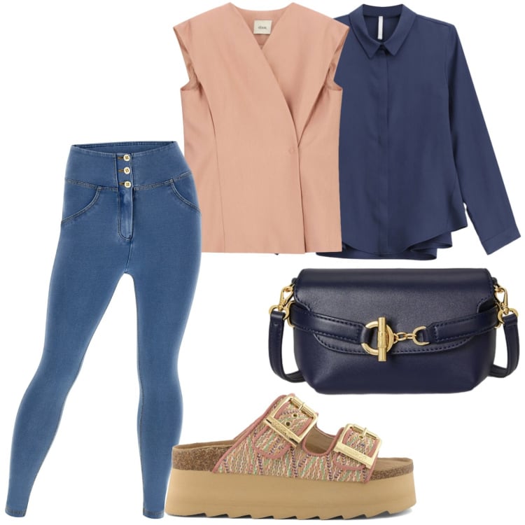 Outfit donna - Il gilet stiloso. Stile Glamour per Tutti i giorni. Abbinamento con camicie, gilet, jeggings, borse a tracolla, ciabatte.