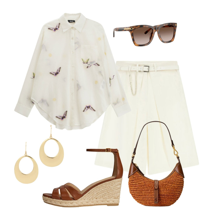 Outfit donna - Verso l\'estate. Stile Casual chic per Mare. Abbinamento con bermuda, camicie, occhiali da sole, borse a spalla, zeppe, orecchini.