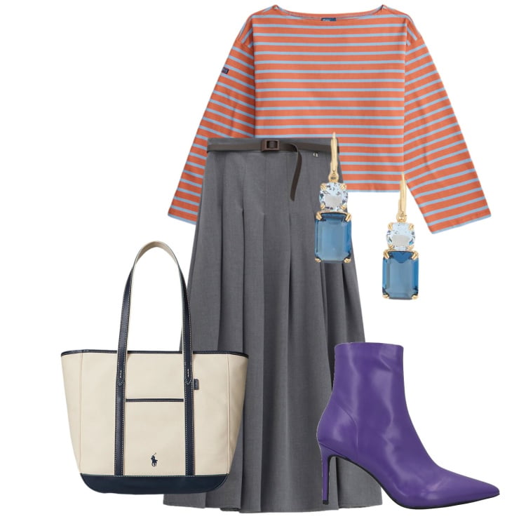 Outfit donna - Total look #2395847. Stile Casual chic per Ufficio. Abbinamento con stivaletti, gonne lunghe, borse tote, t-shirt, orecchini.