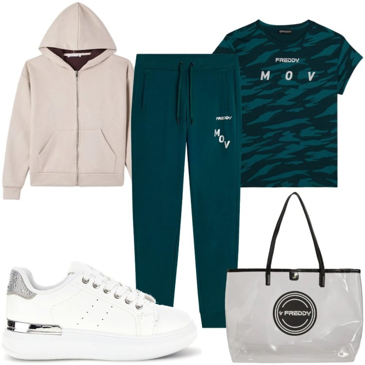 Outfit donna - Total look #2395853. Stile Basic per Sport. Abbinamento con felpe con cappuccio, shopping bag, pantaloni, t-shirt, sneakers.