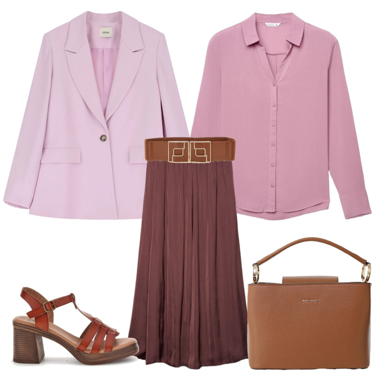 Outfit donna - Total look #2395857. Stile Casual chic per Ufficio. Abbinamento con camicie, gonne longuette, borse a secchiello, blazer, cinture, sandali col tacco.