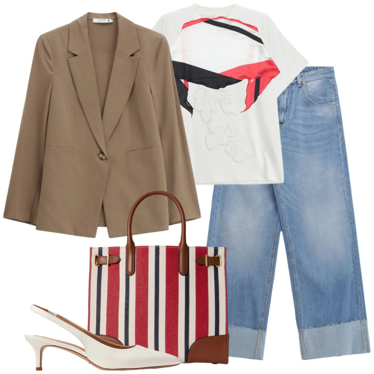 Outfit donna - Tendenza foulard. Stile Casual chic per Tutti i giorni. Abbinamento con stole, blazer, t-shirt, jeans, décolleté, borse tote.